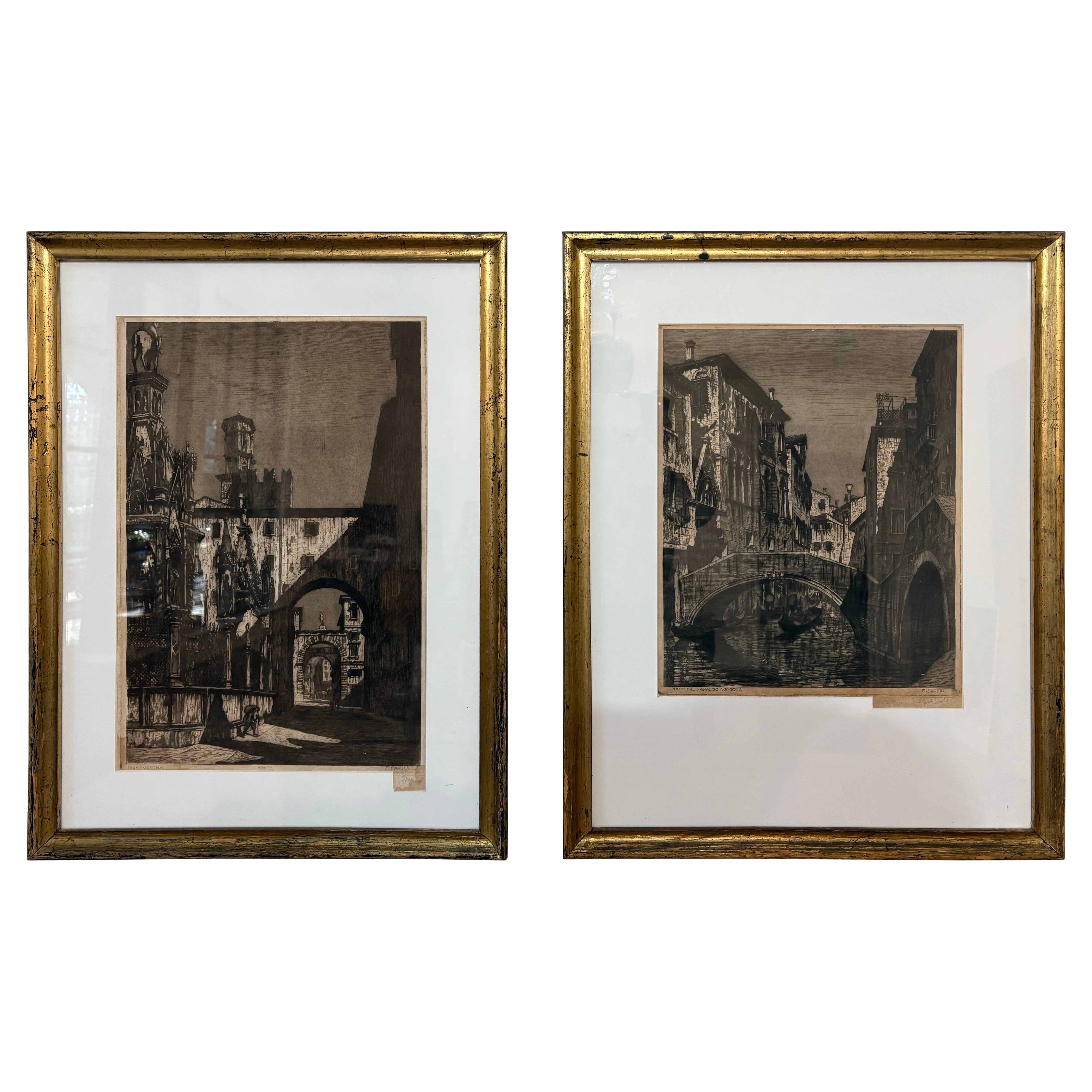 Pair of Ettore Fagiuoli framed signed etchings of Venice and Verona For Sale