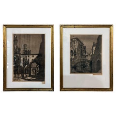 Pair of Ettore Fagiuoli framed signed etchings of Venice and Verona