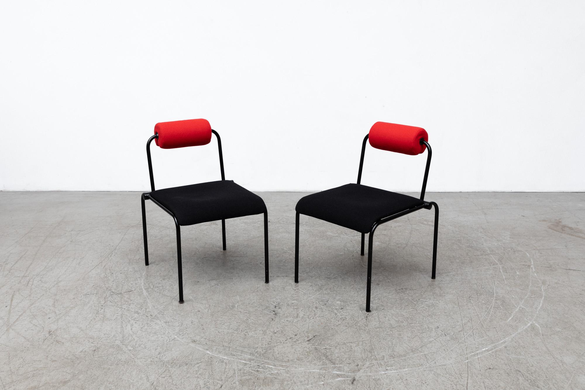 Pair of Ettore Sottsass Inspired Red and Black Fabric Tubular Chairs. In original condition, wear is consistent with age and use.