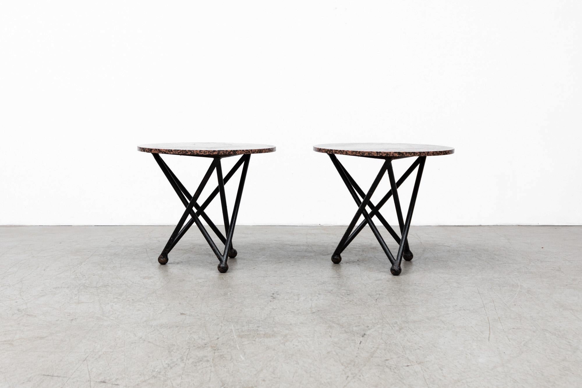 American Pair of Ettore Sottsass Style Red Granite Side Tables with Architectural Bases For Sale