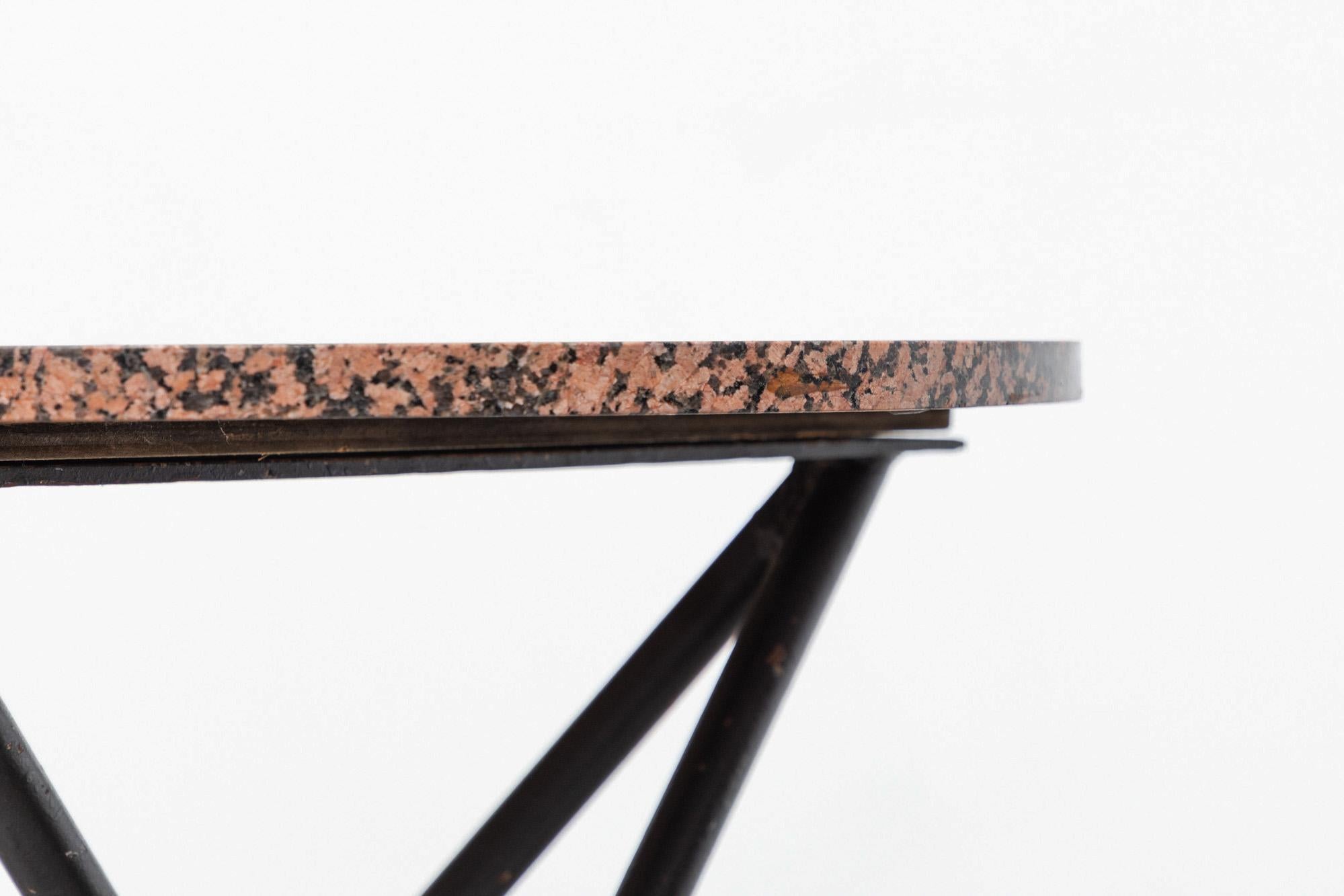 Metal Pair of Ettore Sottsass Style Red Granite Side Tables with Architectural Bases For Sale