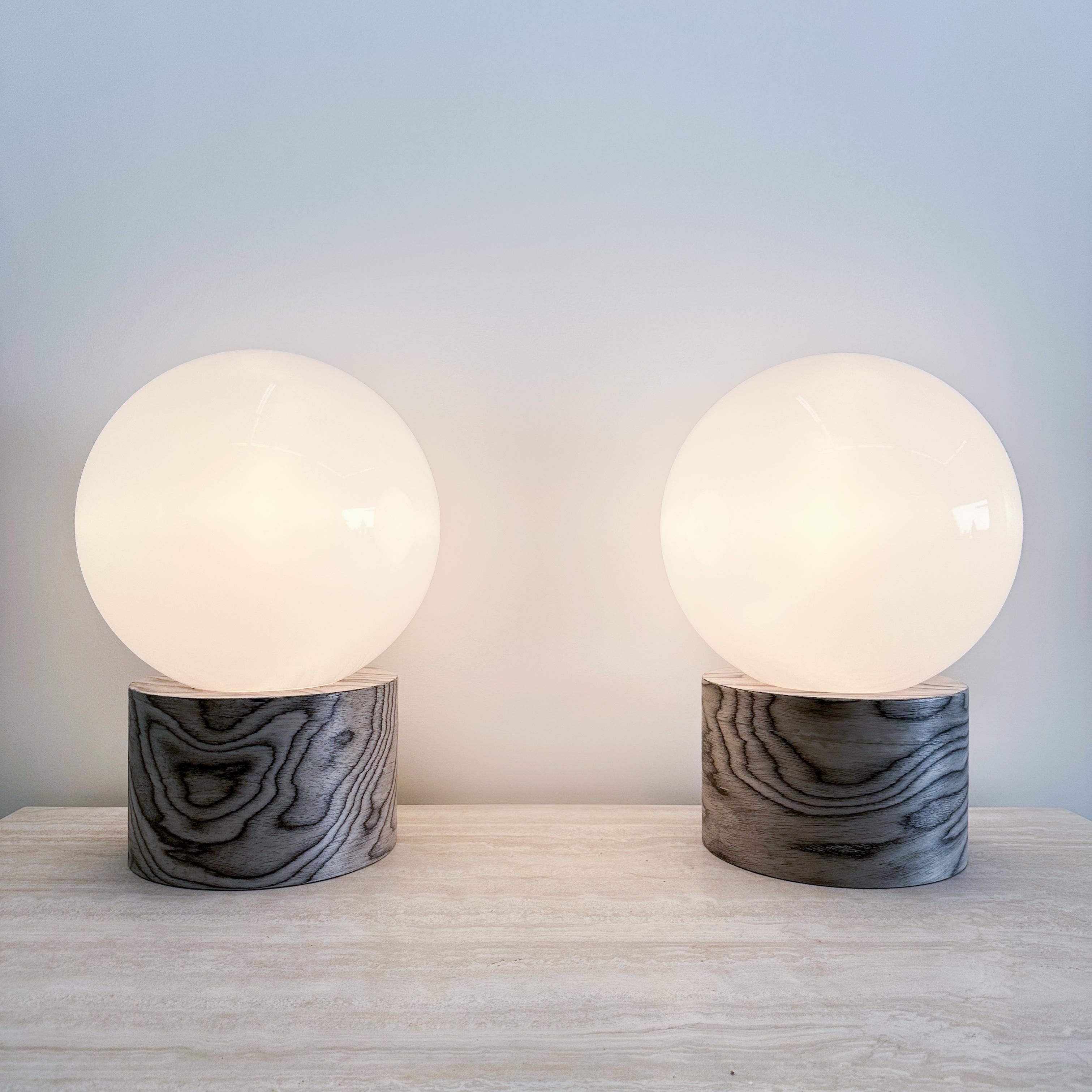 Mid-Century Modern Pair Of Ettore Sottsass Veneer And Acrylic Globe Lamps For Sale