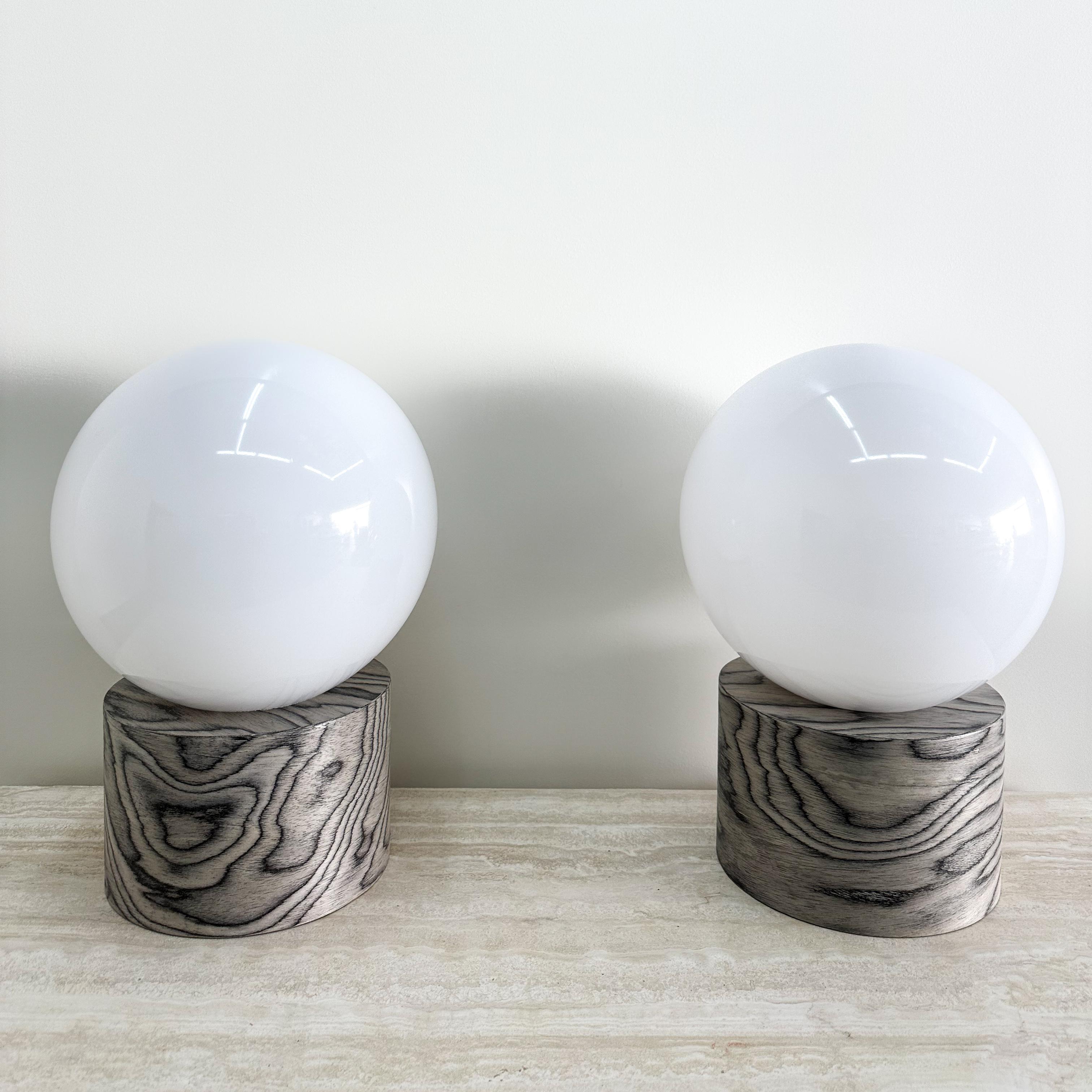 American Pair Of Ettore Sottsass Veneer And Acrylic Globe Lamps For Sale