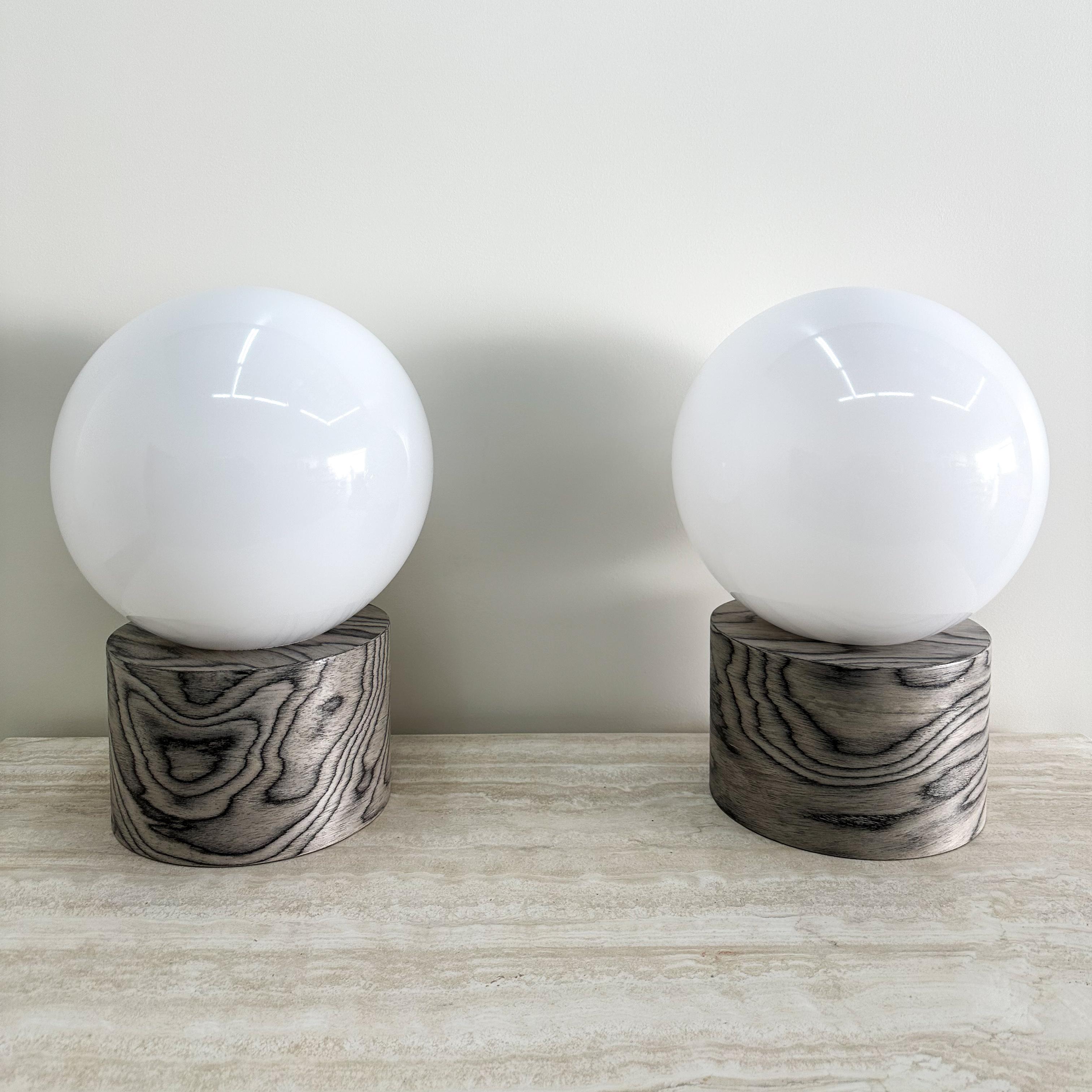 Pair Of Ettore Sottsass Veneer And Acrylic Globe Lamps In New Condition For Sale In Palm Desert, CA
