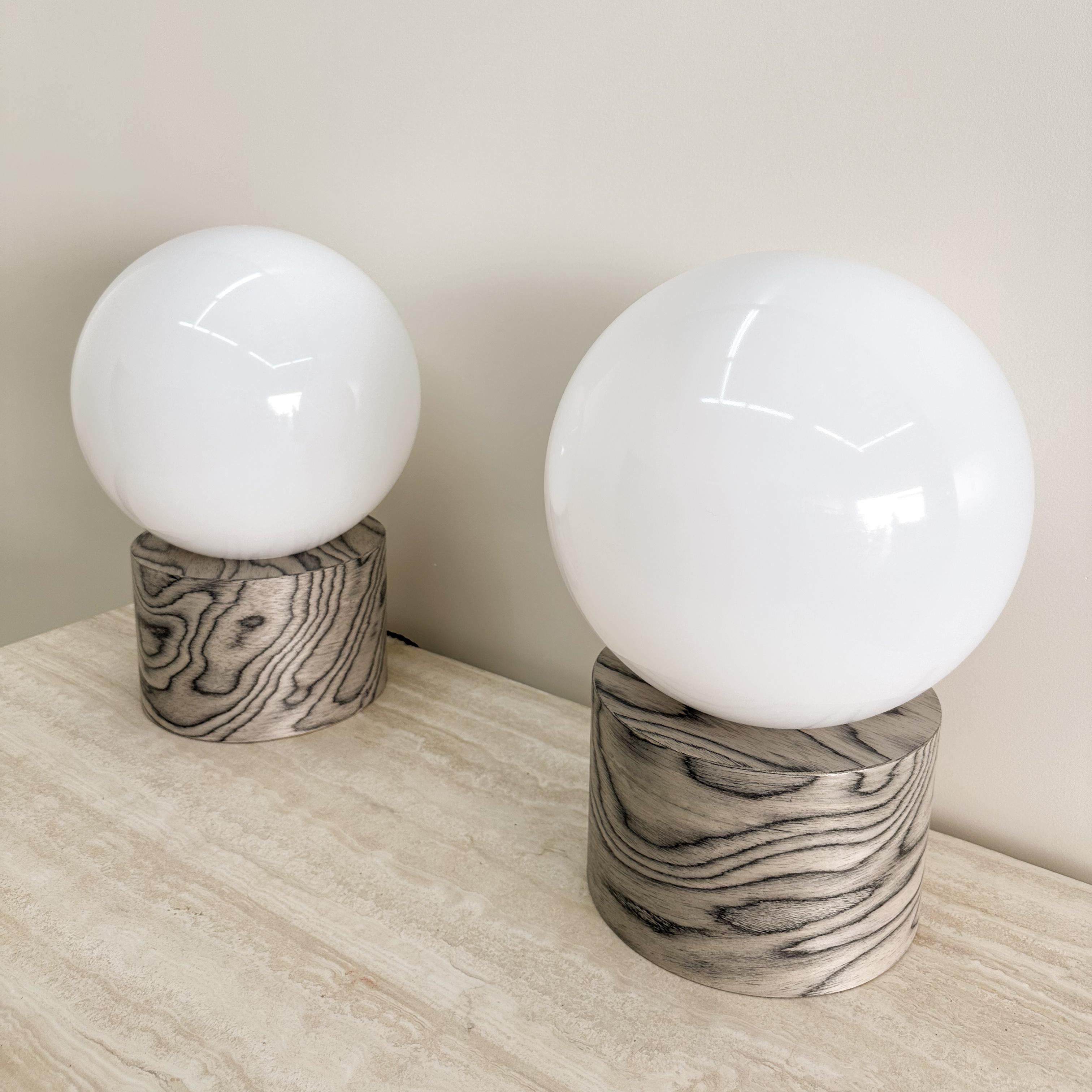 Contemporary Pair Of Ettore Sottsass Veneer And Acrylic Globe Lamps For Sale