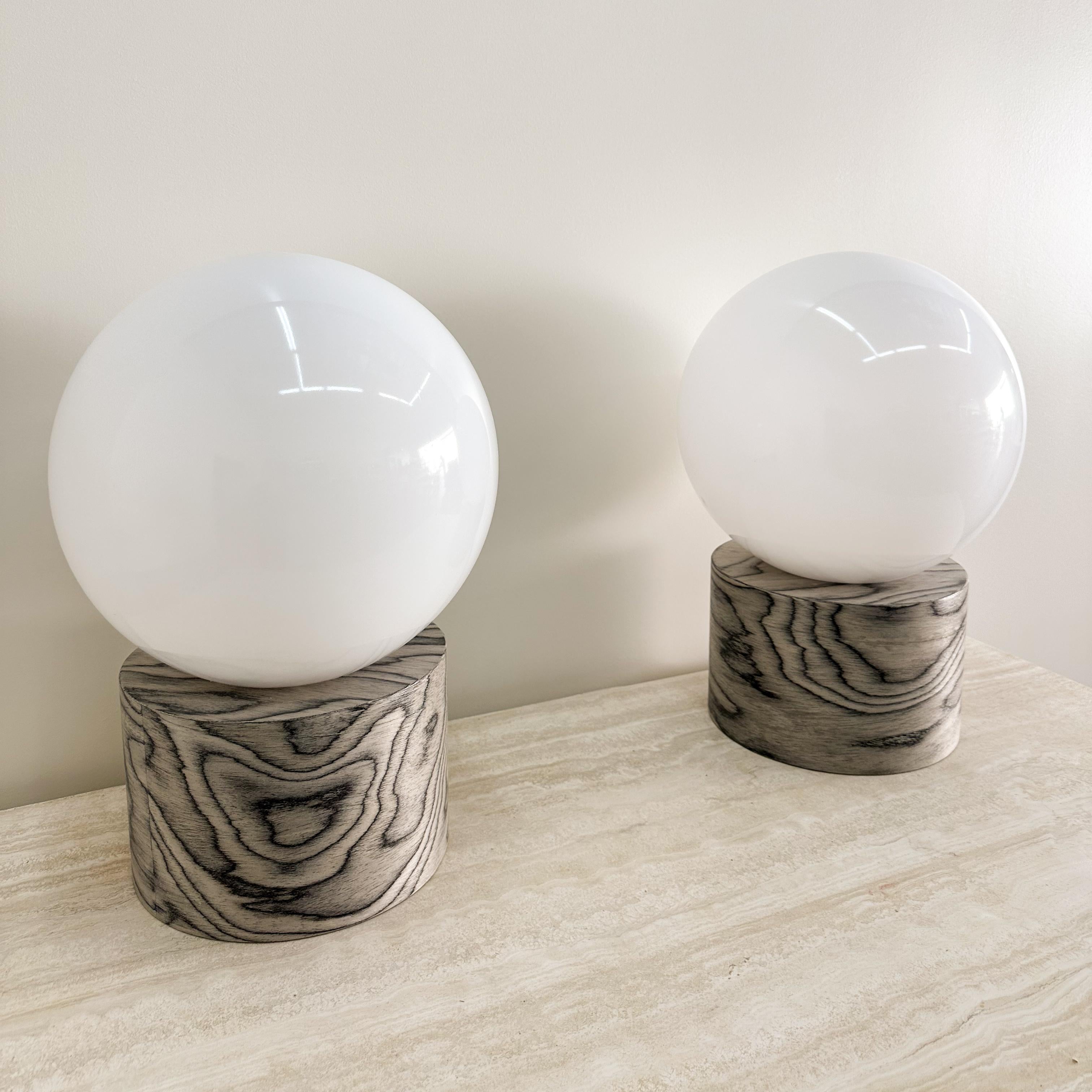 Pair Of Ettore Sottsass Veneer And Acrylic Globe Lamps For Sale 1