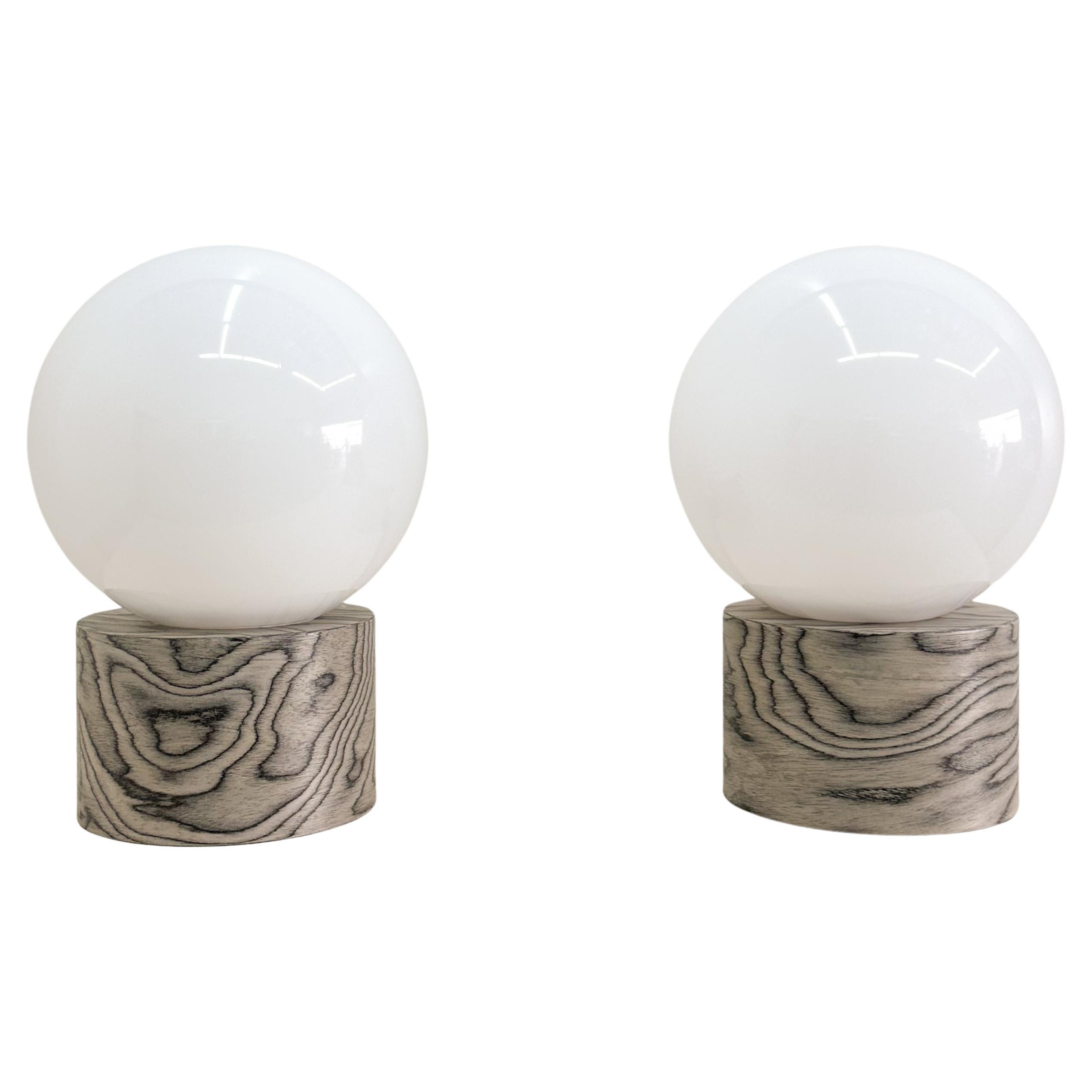 Pair Of Ettore Sottsass Veneer And Acrylic Globe Lamps For Sale