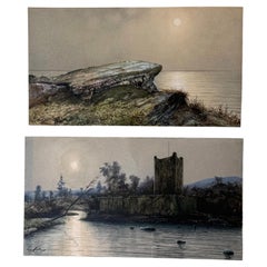 Pair of Eugen Niethe Scottish Landscape Watercolors, Threave Castle, circa 1900.