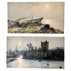 Pair of Eugen Niethe Scottish Landscape Watercolors, Threave Castle, circa 1900.