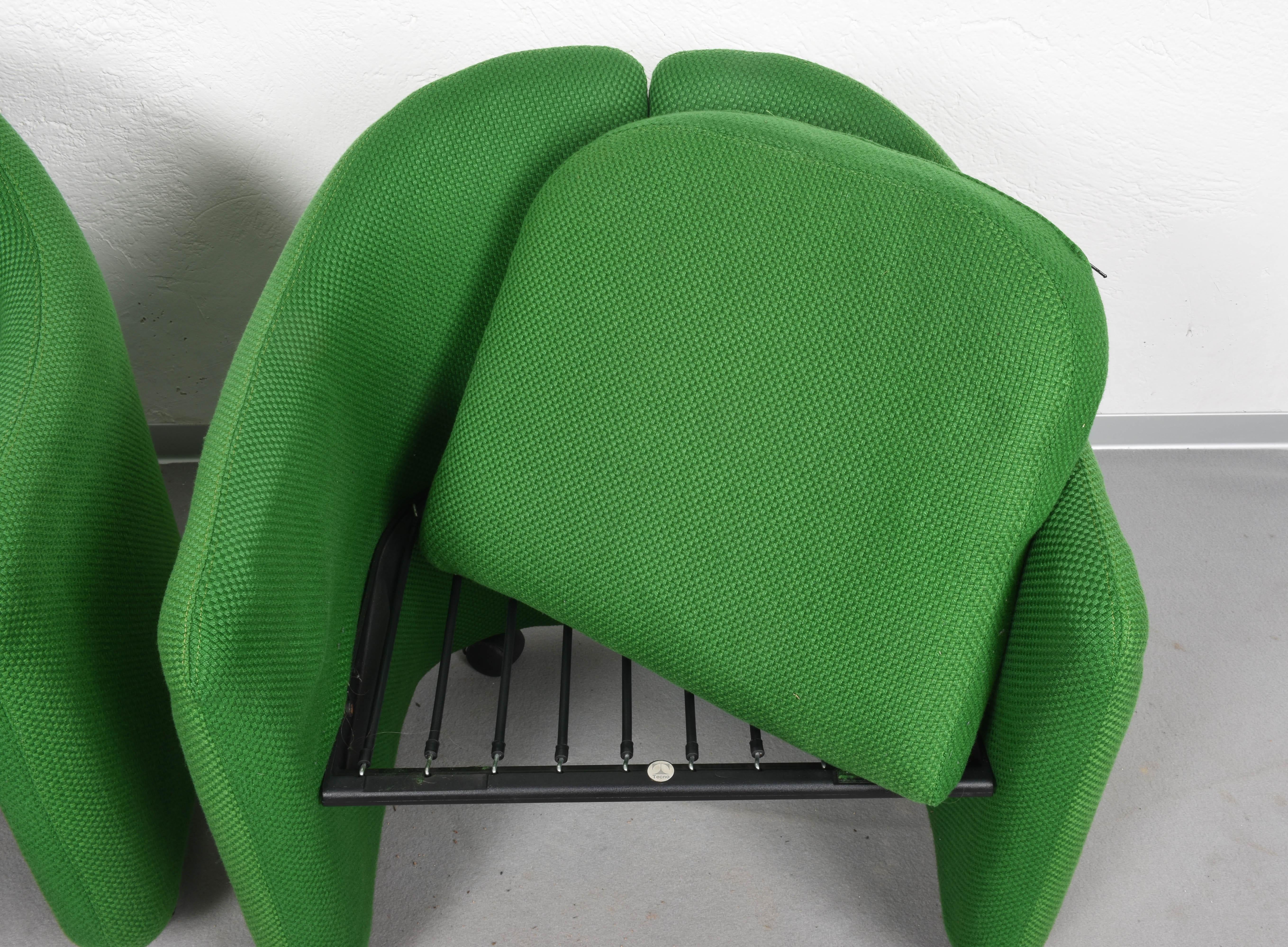 Pair of Eugenio Gerli Midcentury Green Fabric Italian Armchairs, Tecno 1960s 5