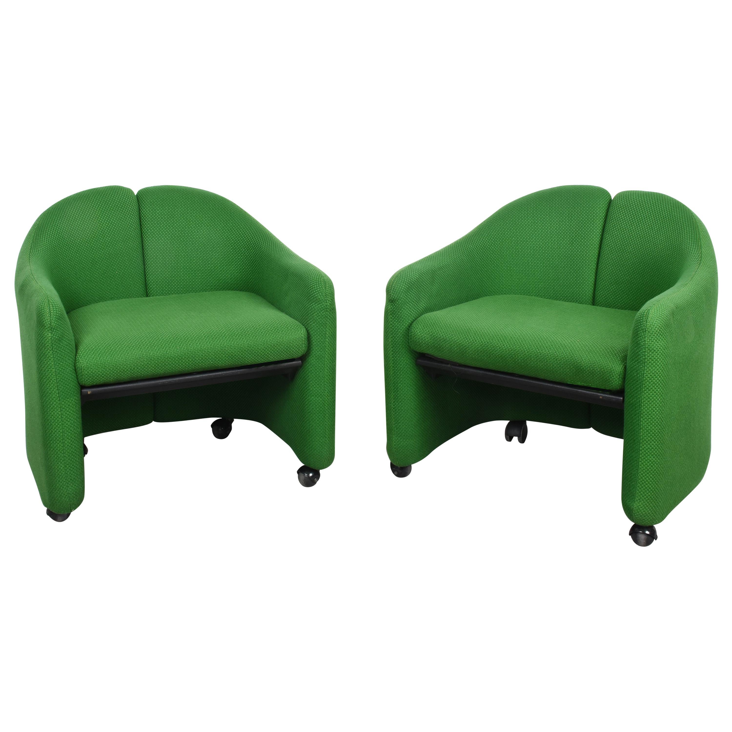 Pair of Eugenio Gerli Midcentury Green Fabric Italian Armchairs, Tecno 1960s