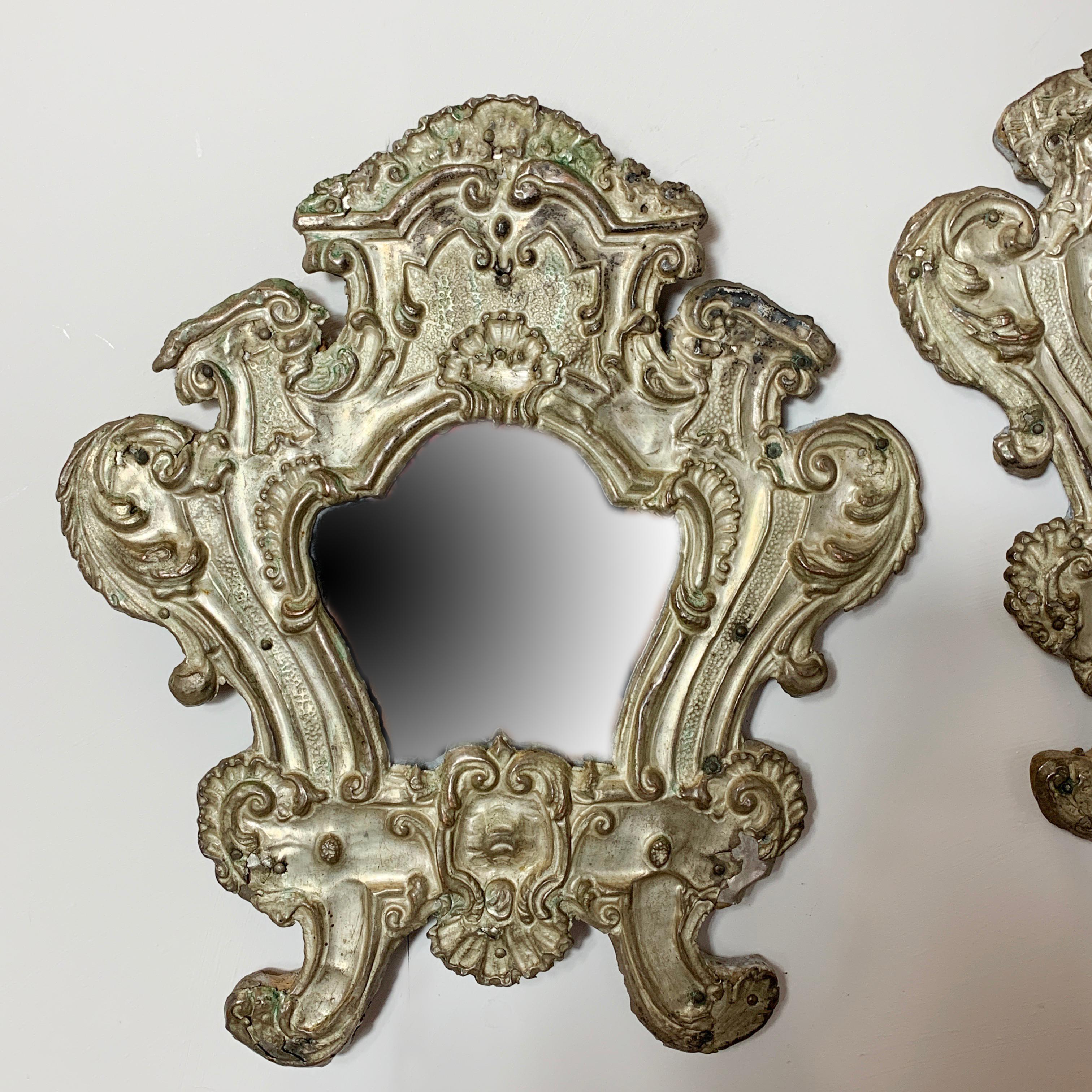 Copper Pair of European 18th Century Silver Plated Baroque Mirrors For Sale
