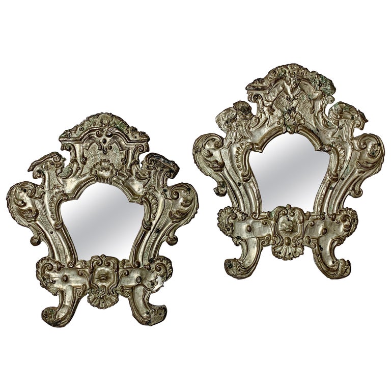 Pair of European 18th Century Silver Plated Baroque Mirrors For Sale at