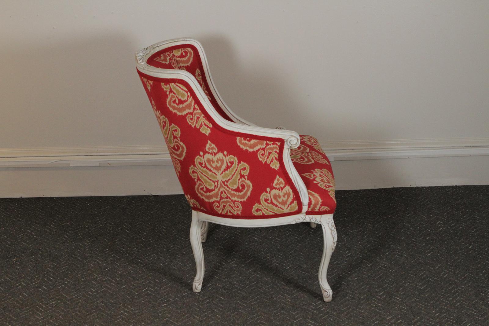 Pair of European Asymmetrical Style Accent Chairs with New Red and White Fabric 1