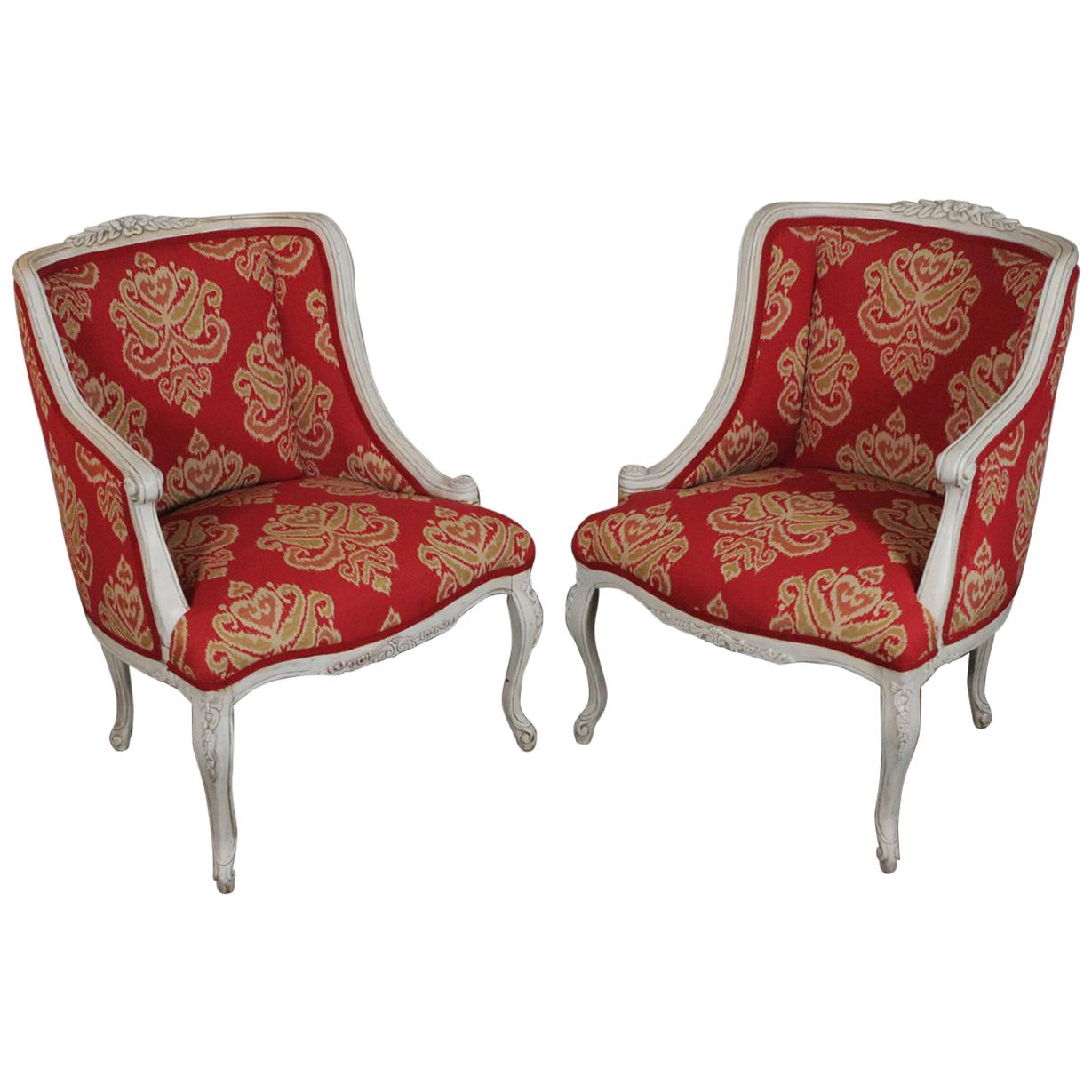 Pair of European Asymmetrical Style Accent Chairs with New Red and White Fabric
