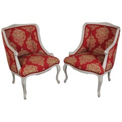 Pair of European Asymmetrical Style Accent Chairs with New Red and White Fabric