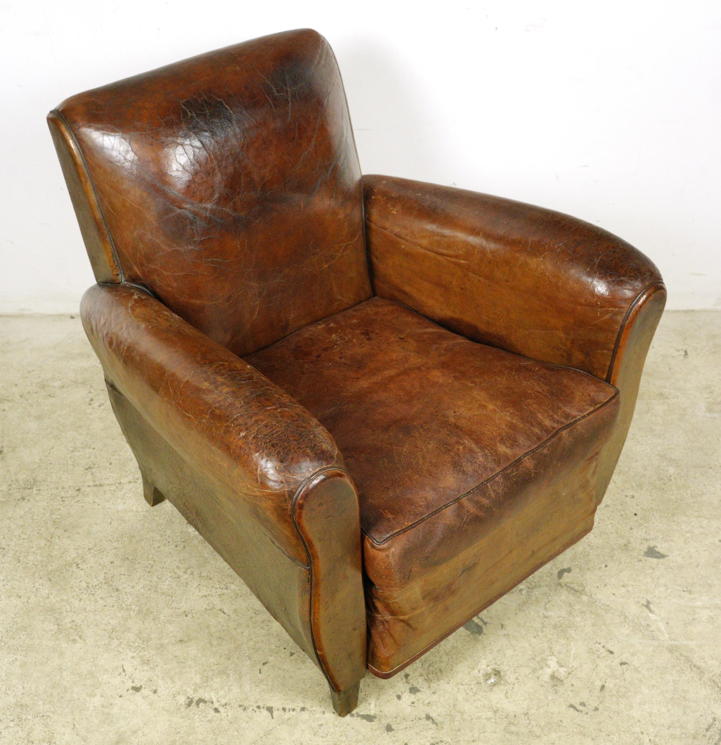 Pair of European Brown French Leather Club Chairs For Sale 9