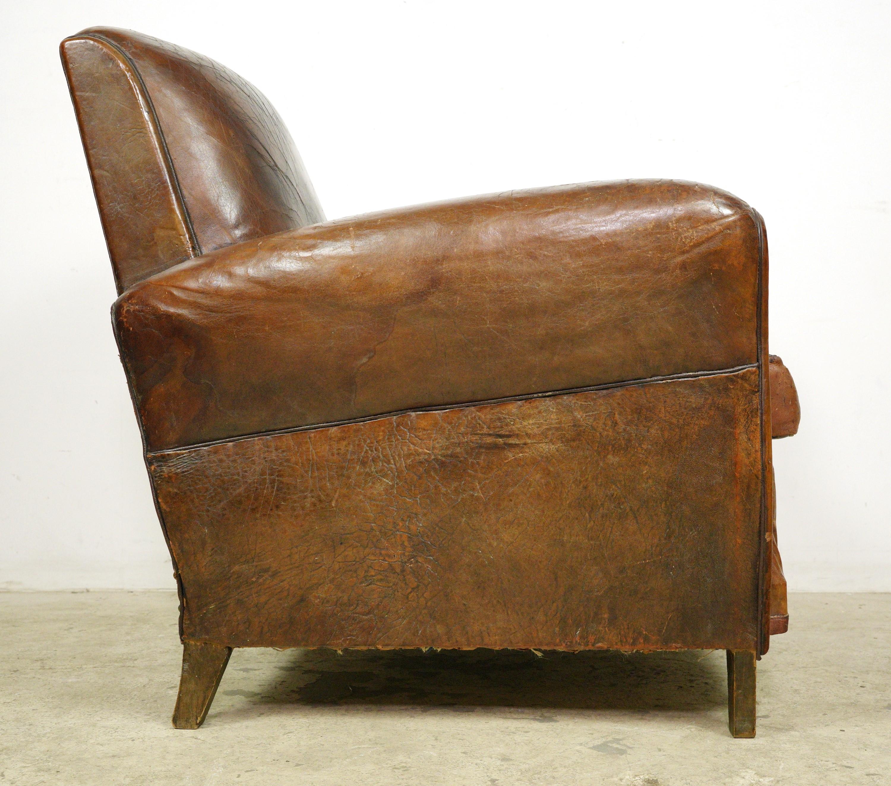 Pair of European Brown French Leather Club Chairs For Sale 10