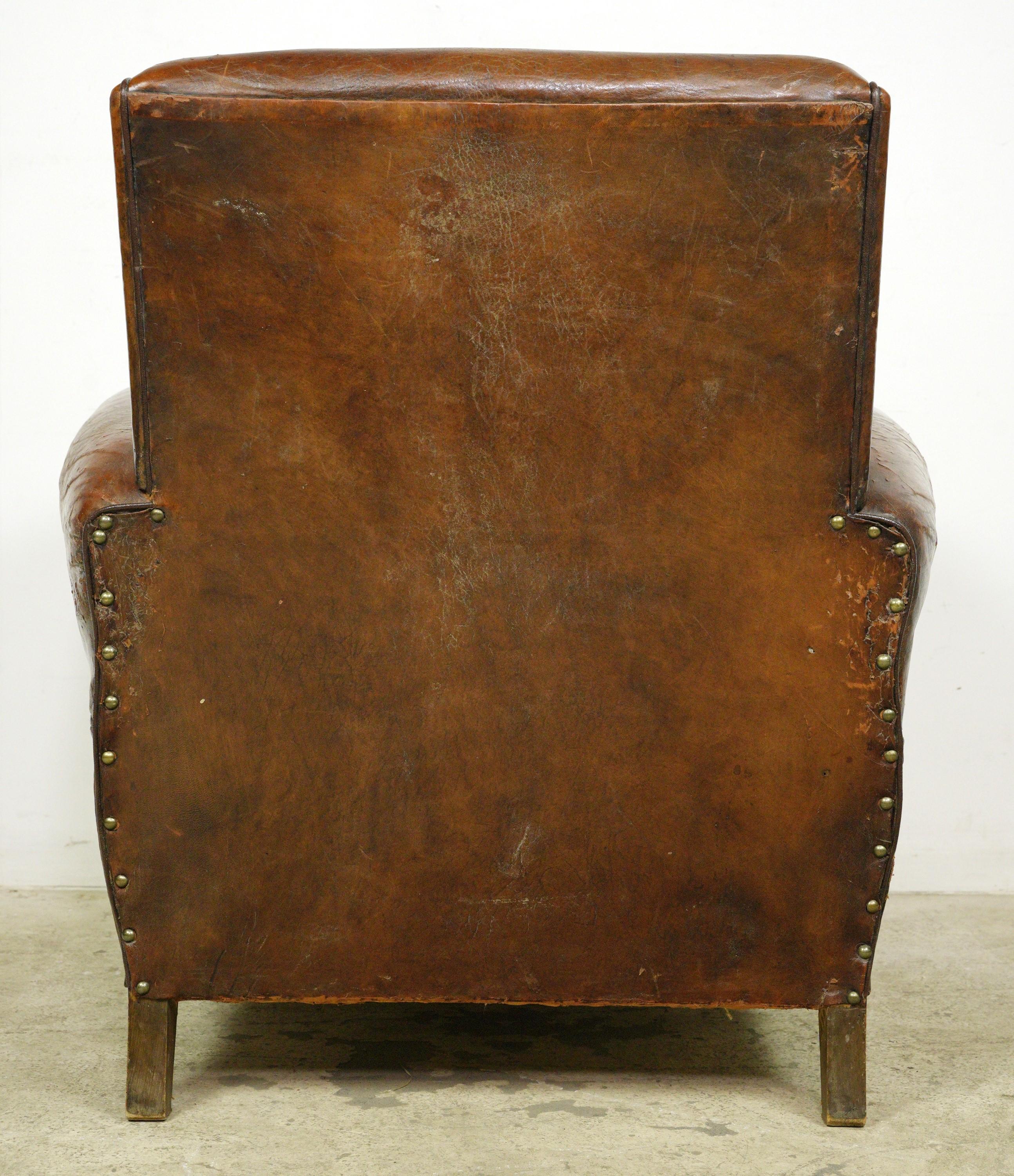 Pair of European Brown French Leather Club Chairs For Sale 11