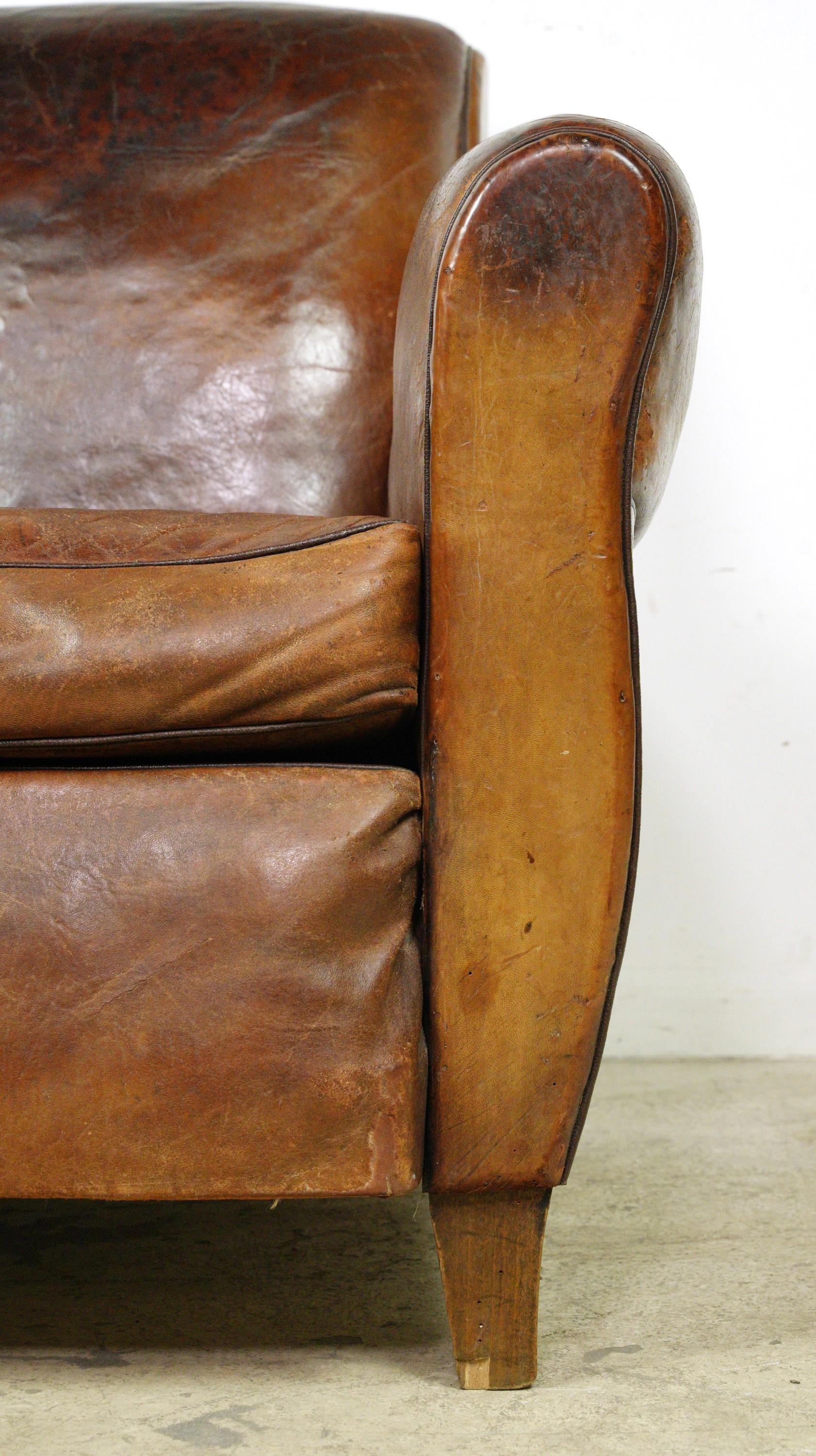 Belgian Pair of European Brown French Leather Club Chairs For Sale