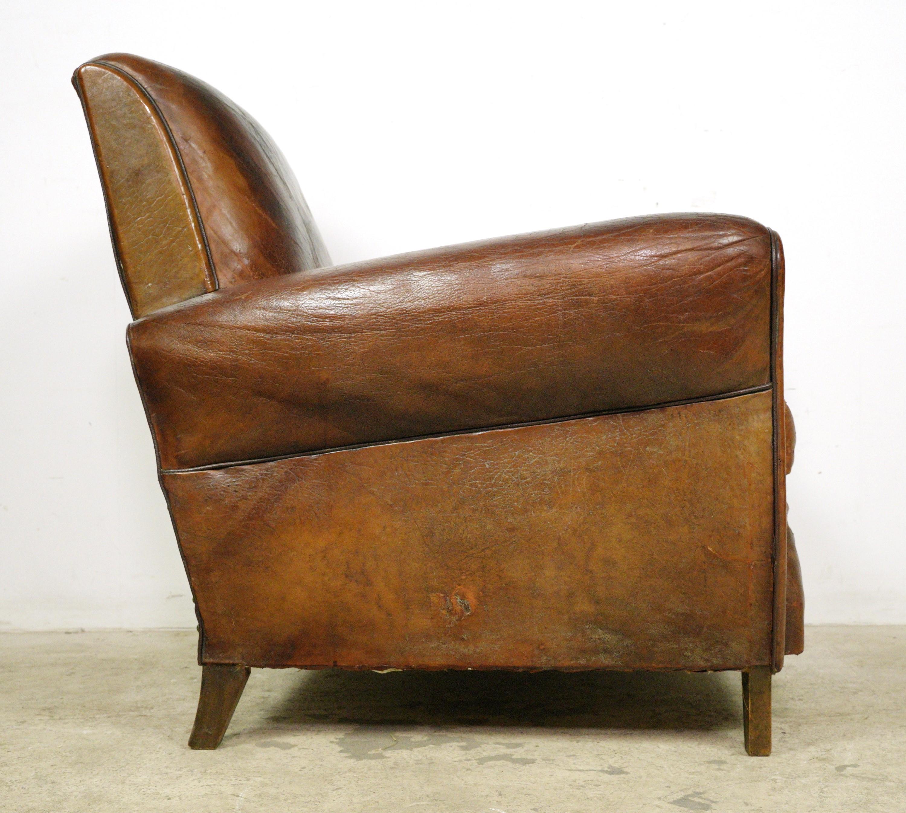 Pair of European Brown French Leather Club Chairs For Sale 1
