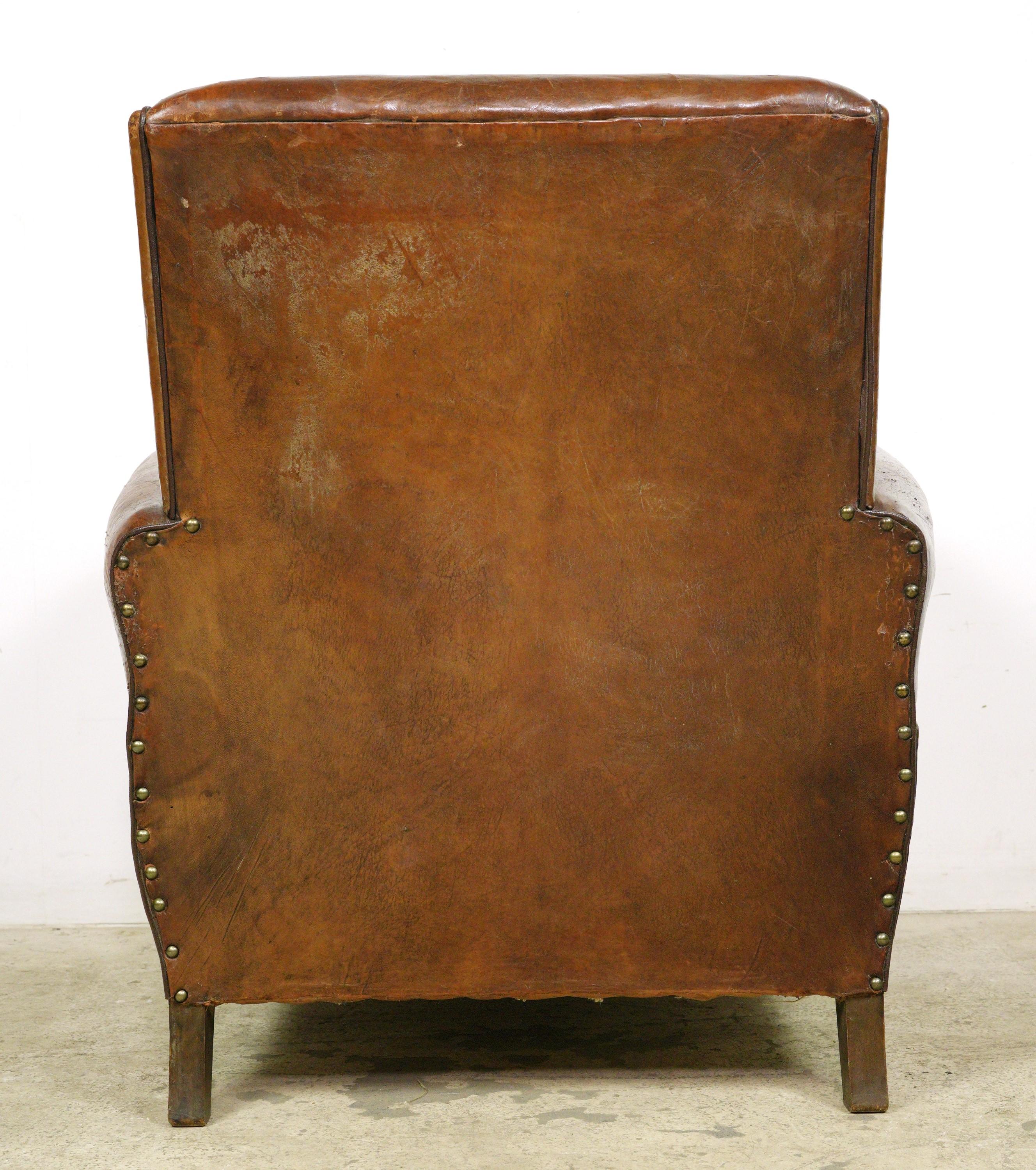 Pair of European Brown French Leather Club Chairs For Sale 4