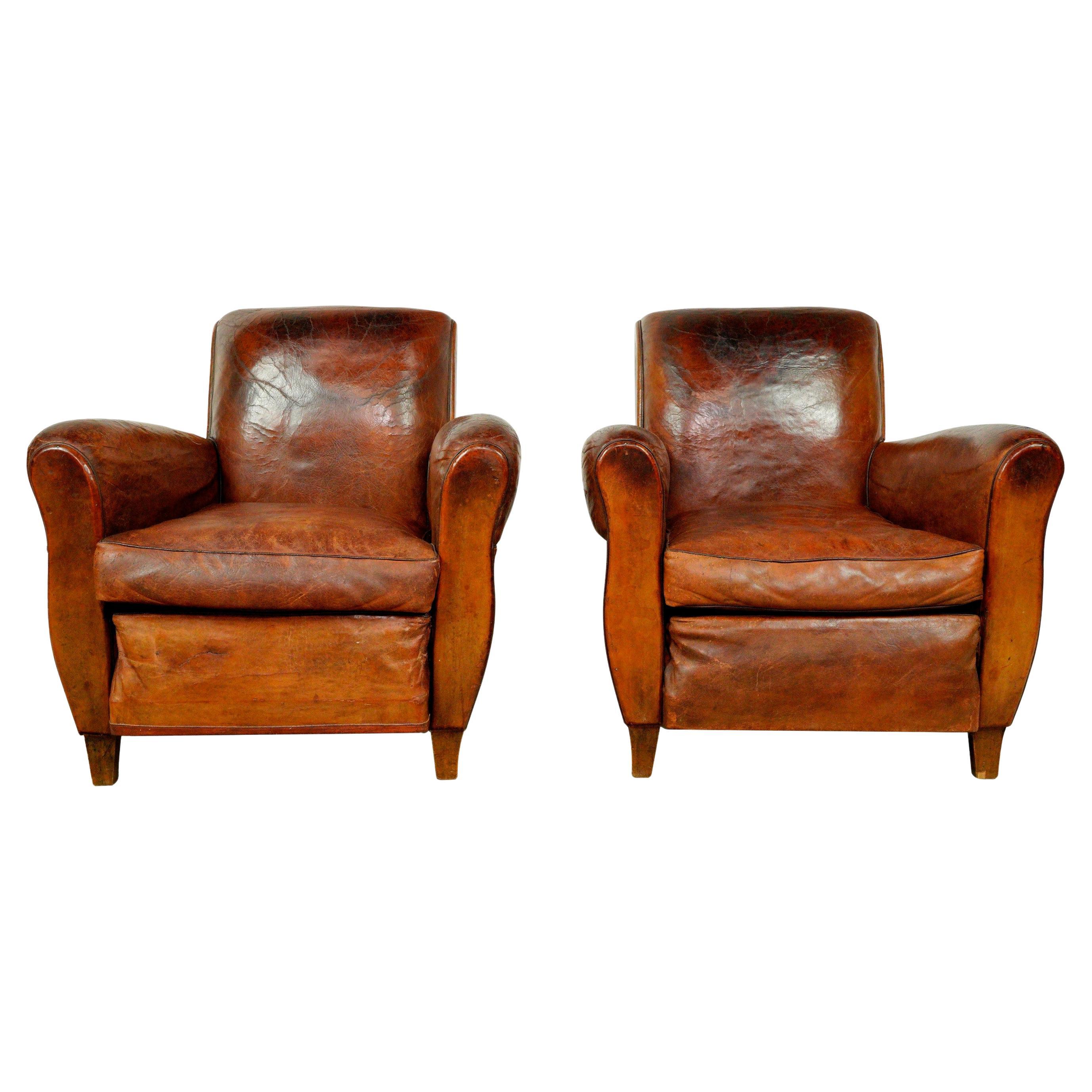 Pair of European Brown French Leather Club Chairs For Sale