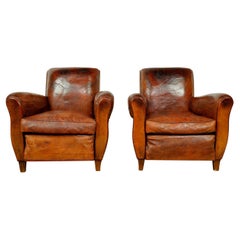 Vintage Pair of European Brown French Leather Club Chairs