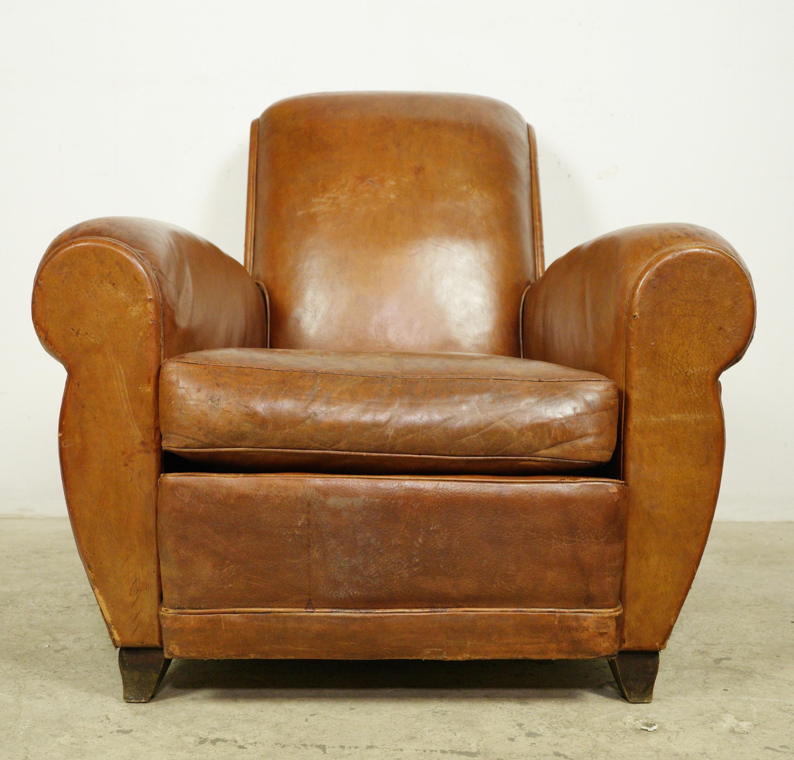 Pair of European Brown Leather French Club Chairs 7