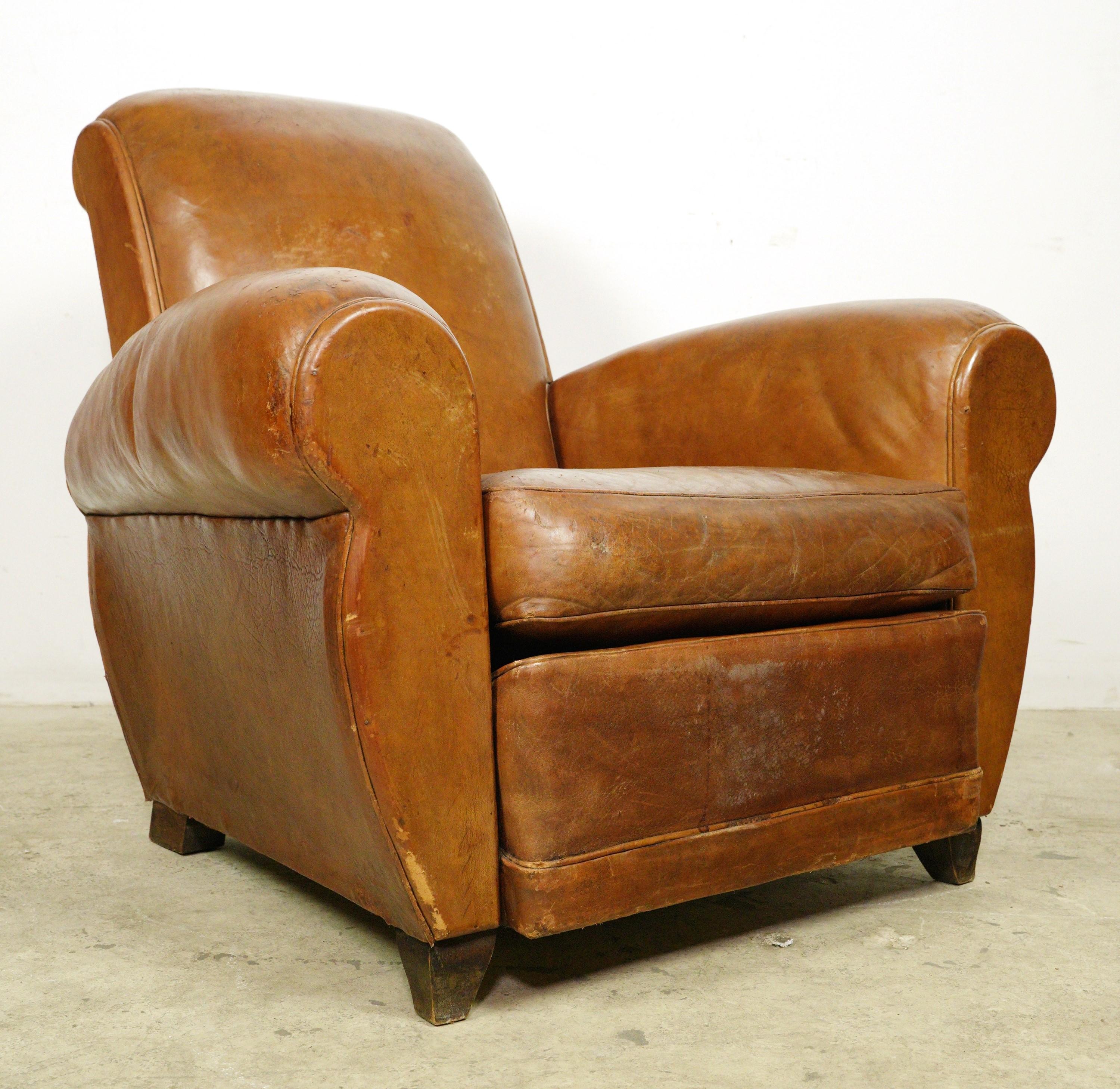 Pair of European Brown Leather French Club Chairs 8