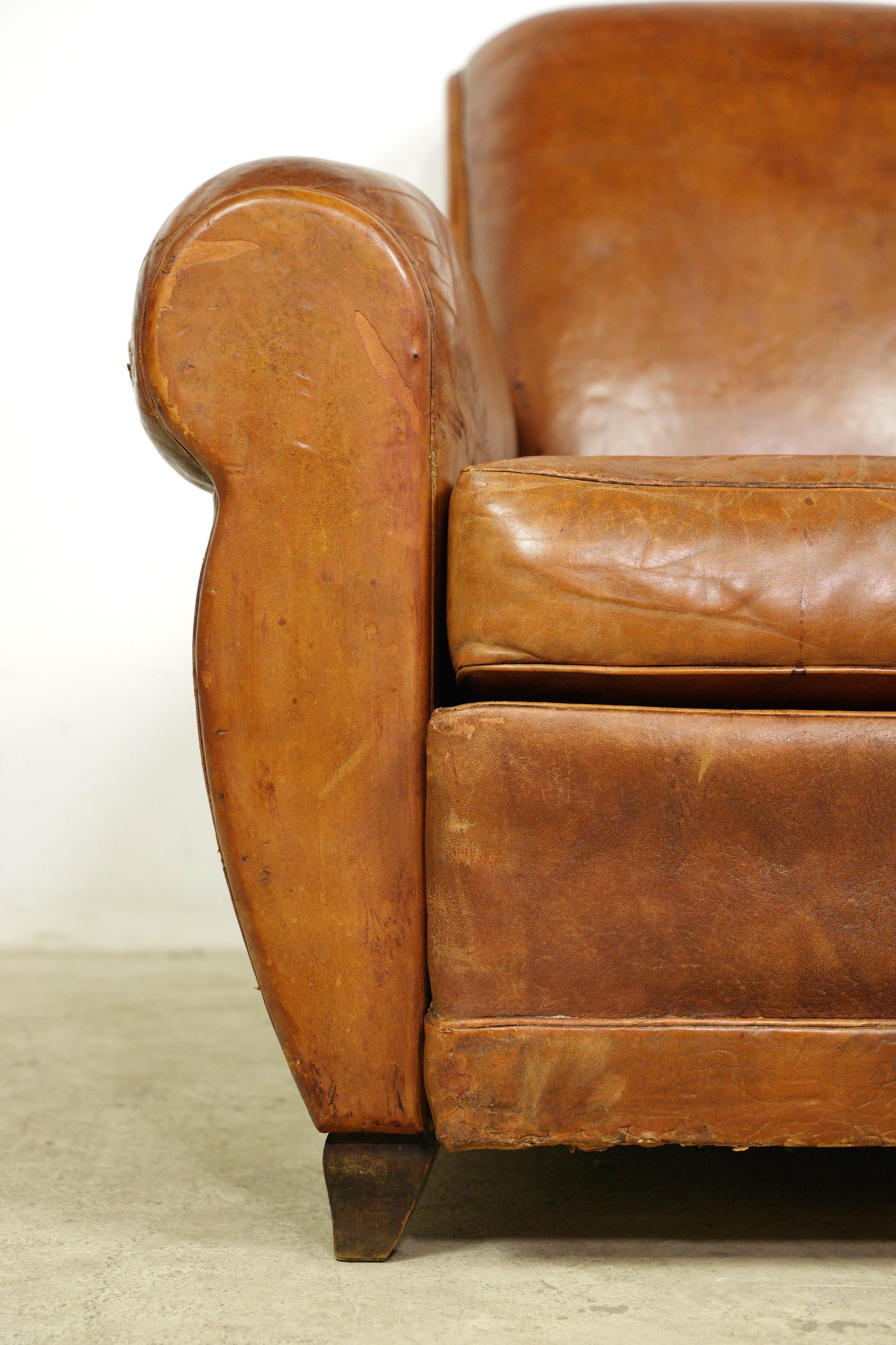 Belgian Pair of European Brown Leather French Club Chairs