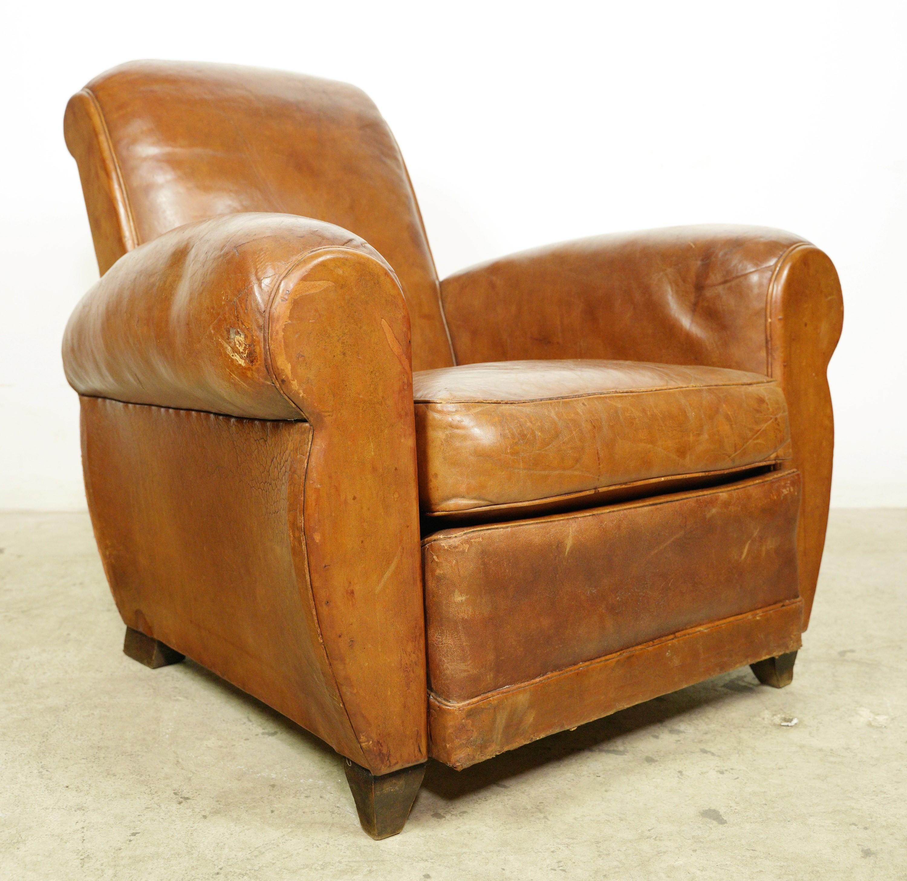 20th Century Pair of European Brown Leather French Club Chairs