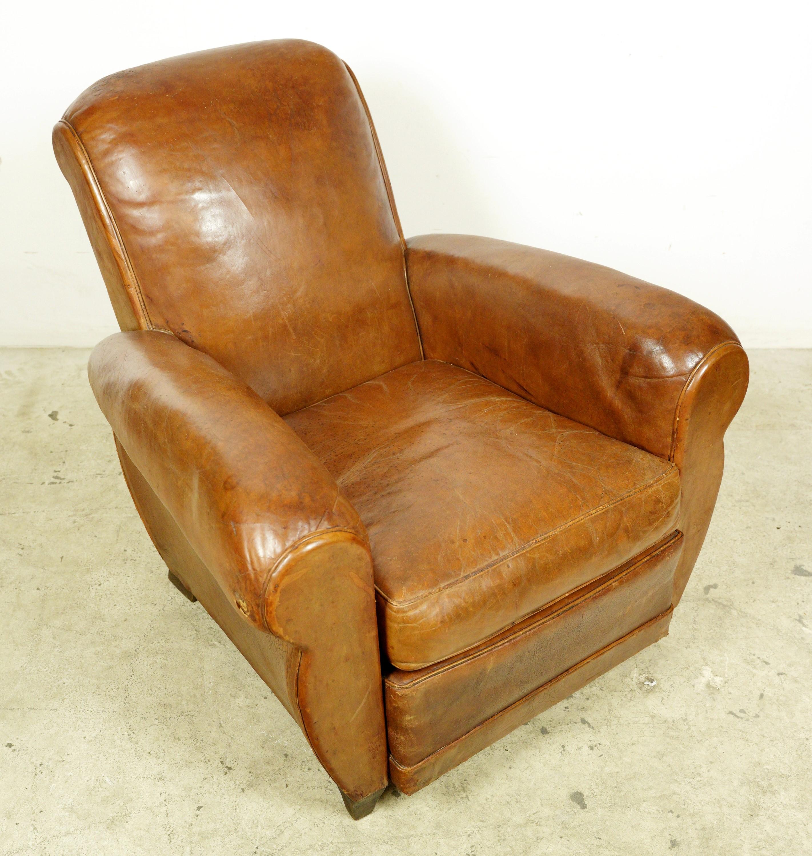 Pair of European Brown Leather French Club Chairs 1