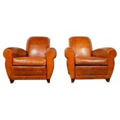 Vintage Pair of European Brown Leather French Club Chairs