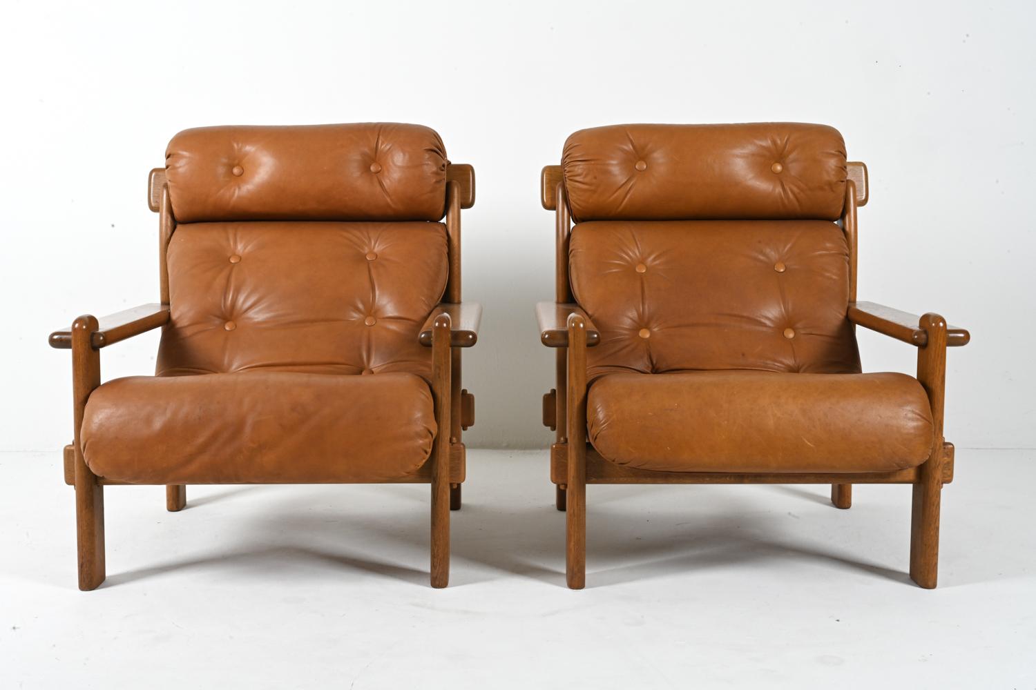 20th Century Pair of European Brutalist Armchairs in Oak & Leather, c. 1970's For Sale