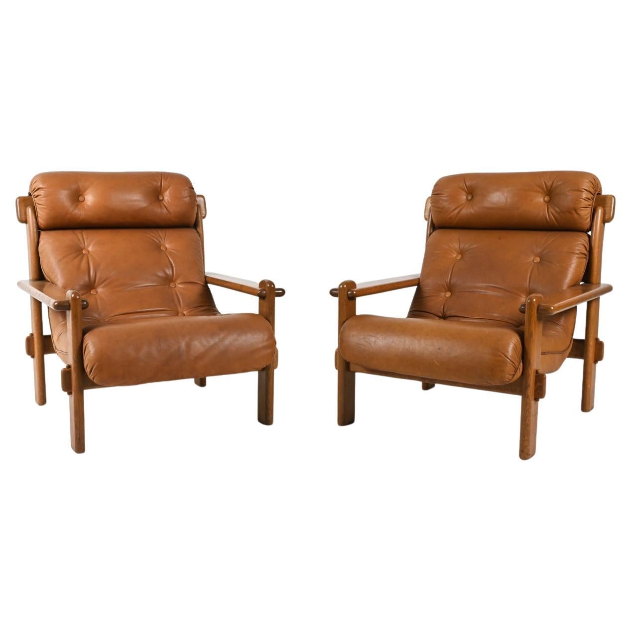 Pair of European Brutalist Armchairs in Oak & Leather, c. 1970's For Sale