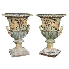 Pair of European Carved and Painted Wood Campagna Form Urns