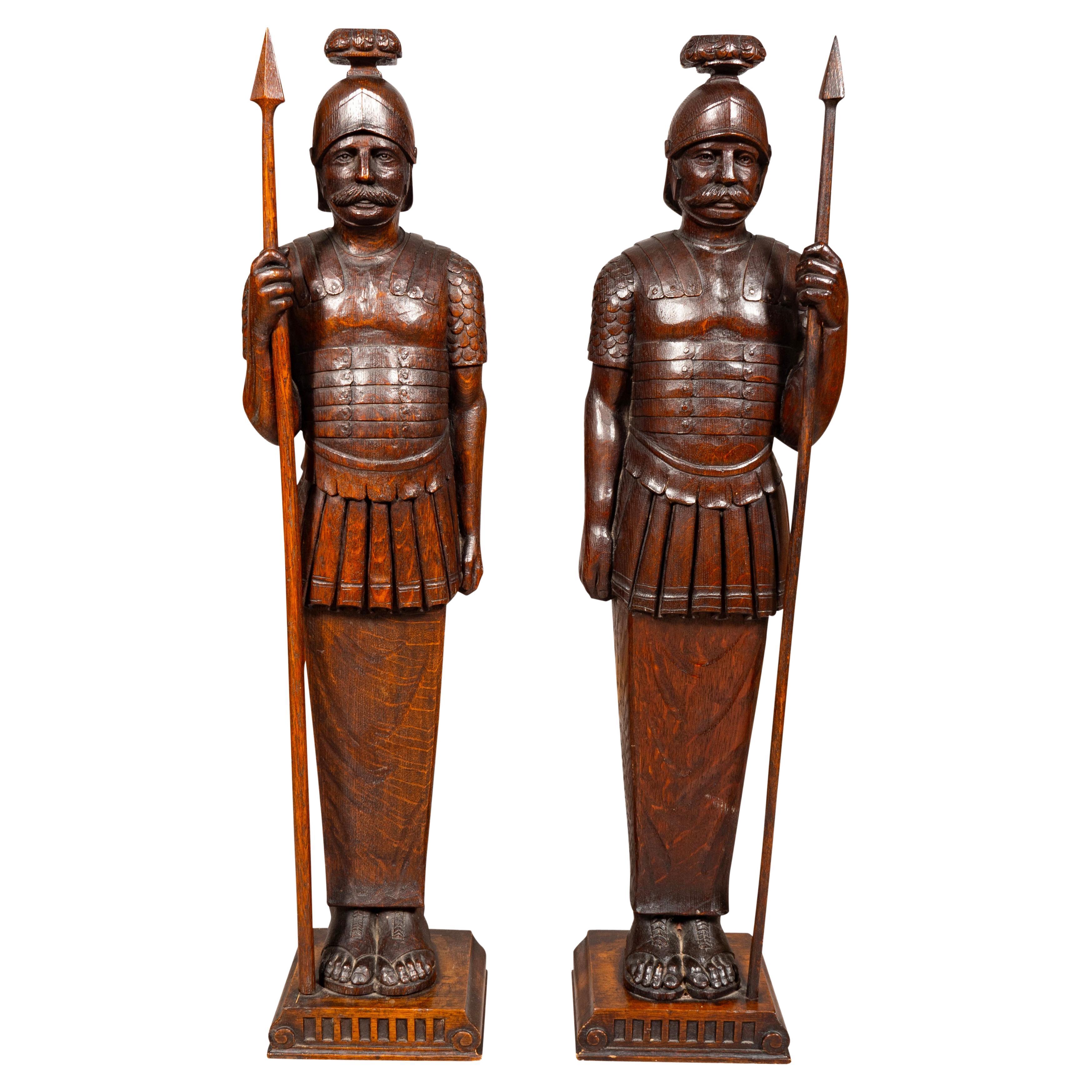 Pair Of European Carved Oak Roman Centurions For Sale