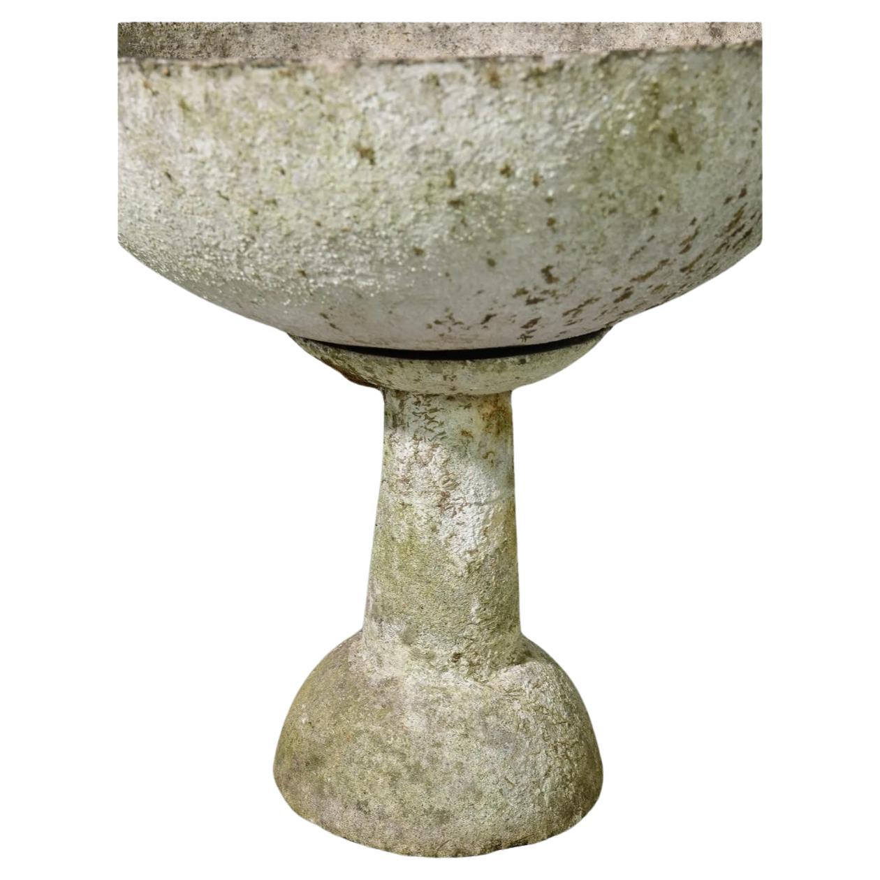 Pair of European cast stone / pottery saucer planters on plinths - Similar in style to Willy Guhl. Wonderful old patina.