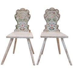 Pair of European Folk Art Painted Wood Chairs with Floral Decoration