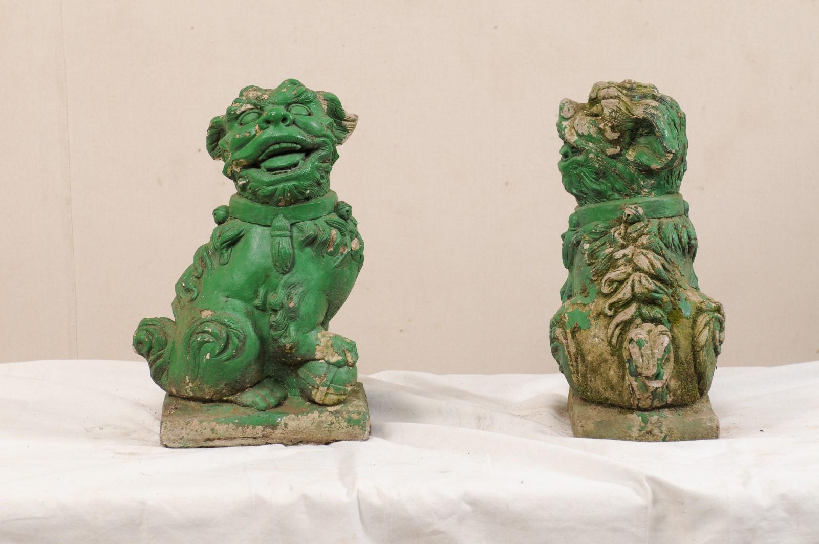 Pair of European Foo Dog Statues with their Original Green Paint For Sale 2