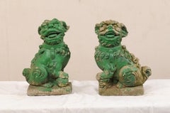 Pair of European Foo Dog Statues with their Original Green Paint