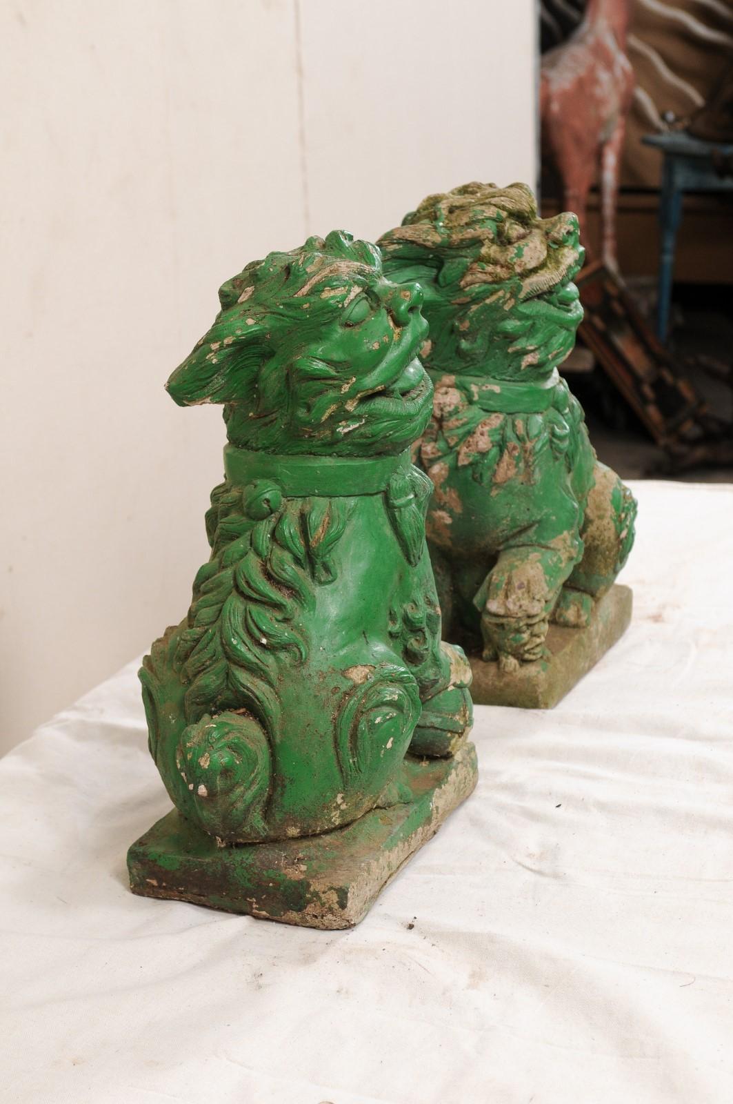 Pair of European Foo Dog Statues with their Original Green Paint In Good Condition For Sale In Atlanta, GA