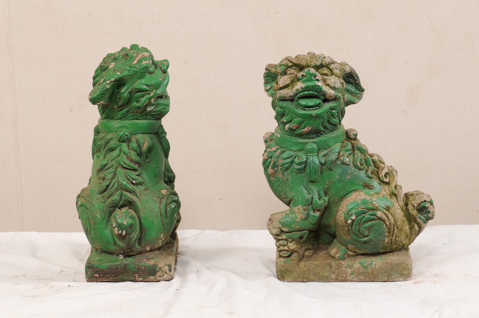 20th Century Pair of European Foo Dog Statues with their Original Green Paint For Sale