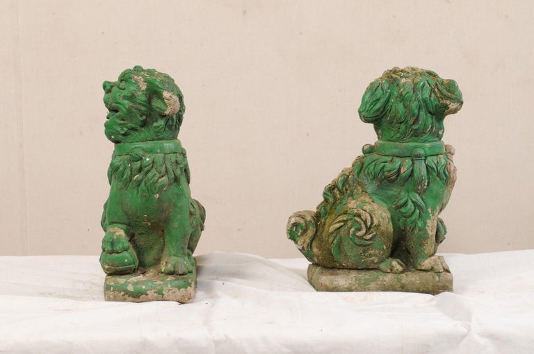 Pair of European Foo Dog Statues with their Original Green Paint For