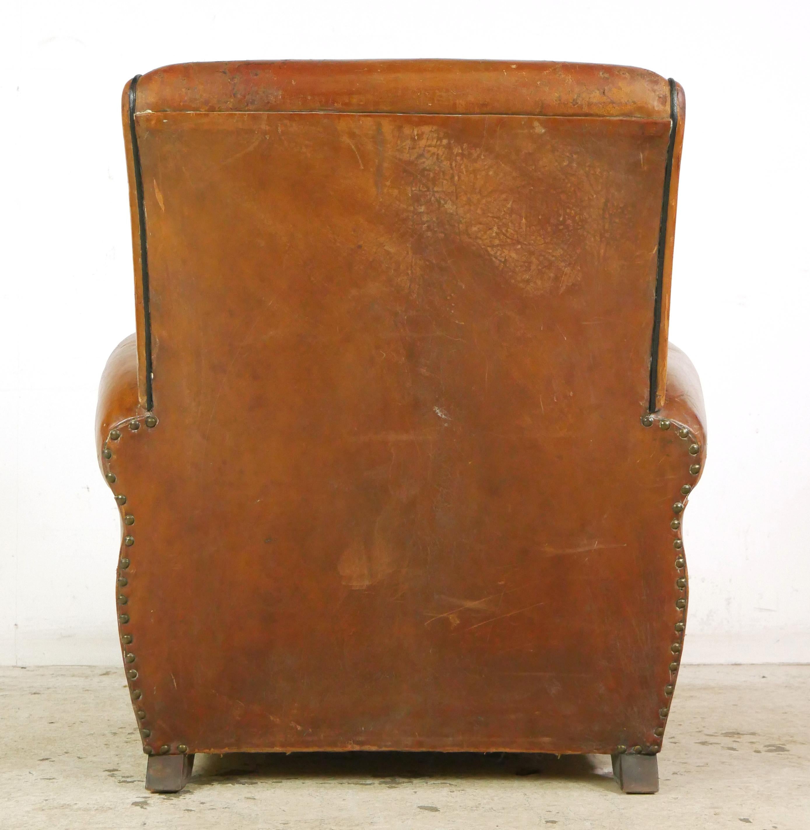 Pair of European French Brown Leather Club Chairs For Sale 8