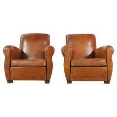 Pair of European French Brown Leather Club Chairs