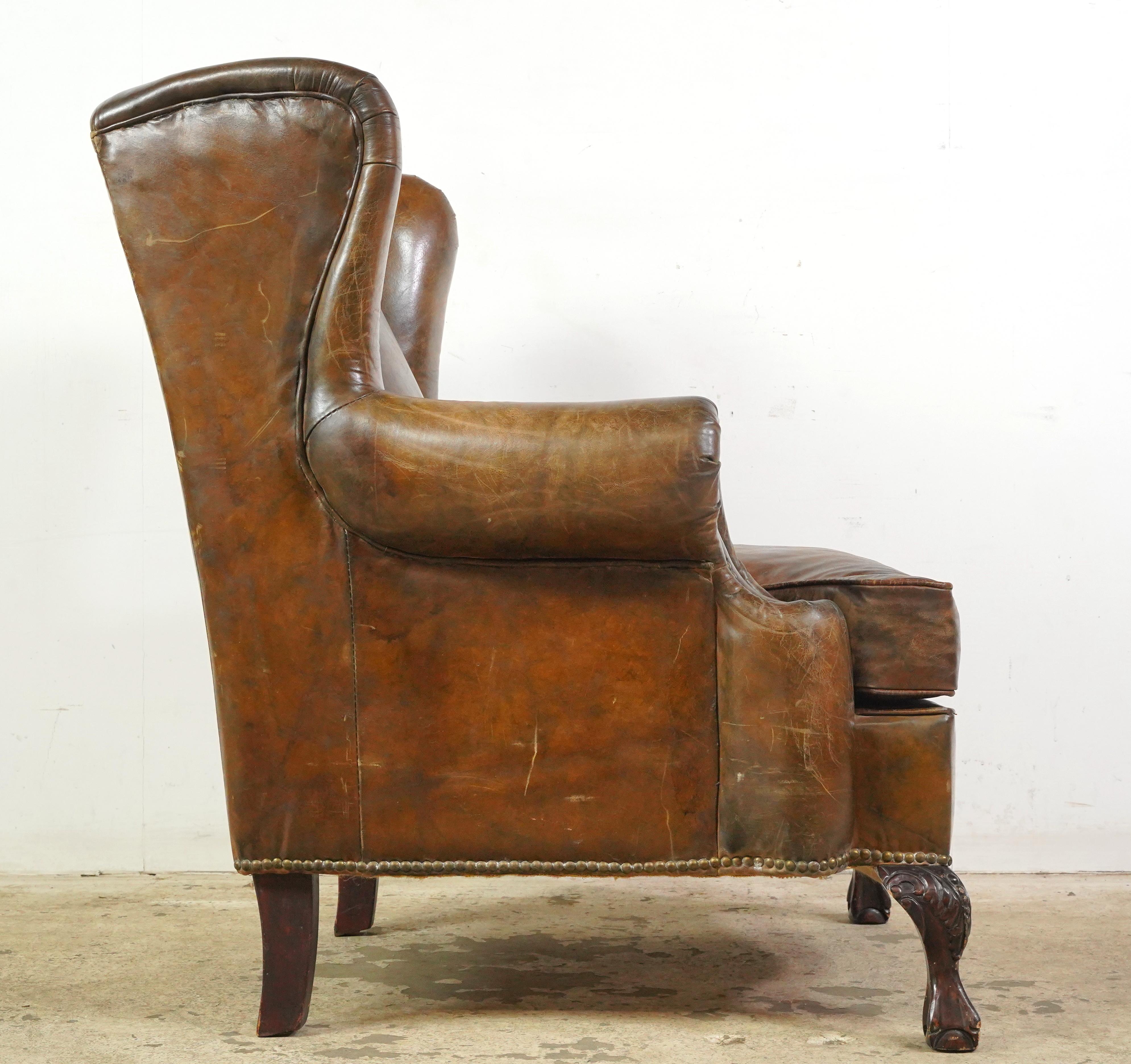 Pair of European Georgian Brown Leather Club Chairs For Sale 8