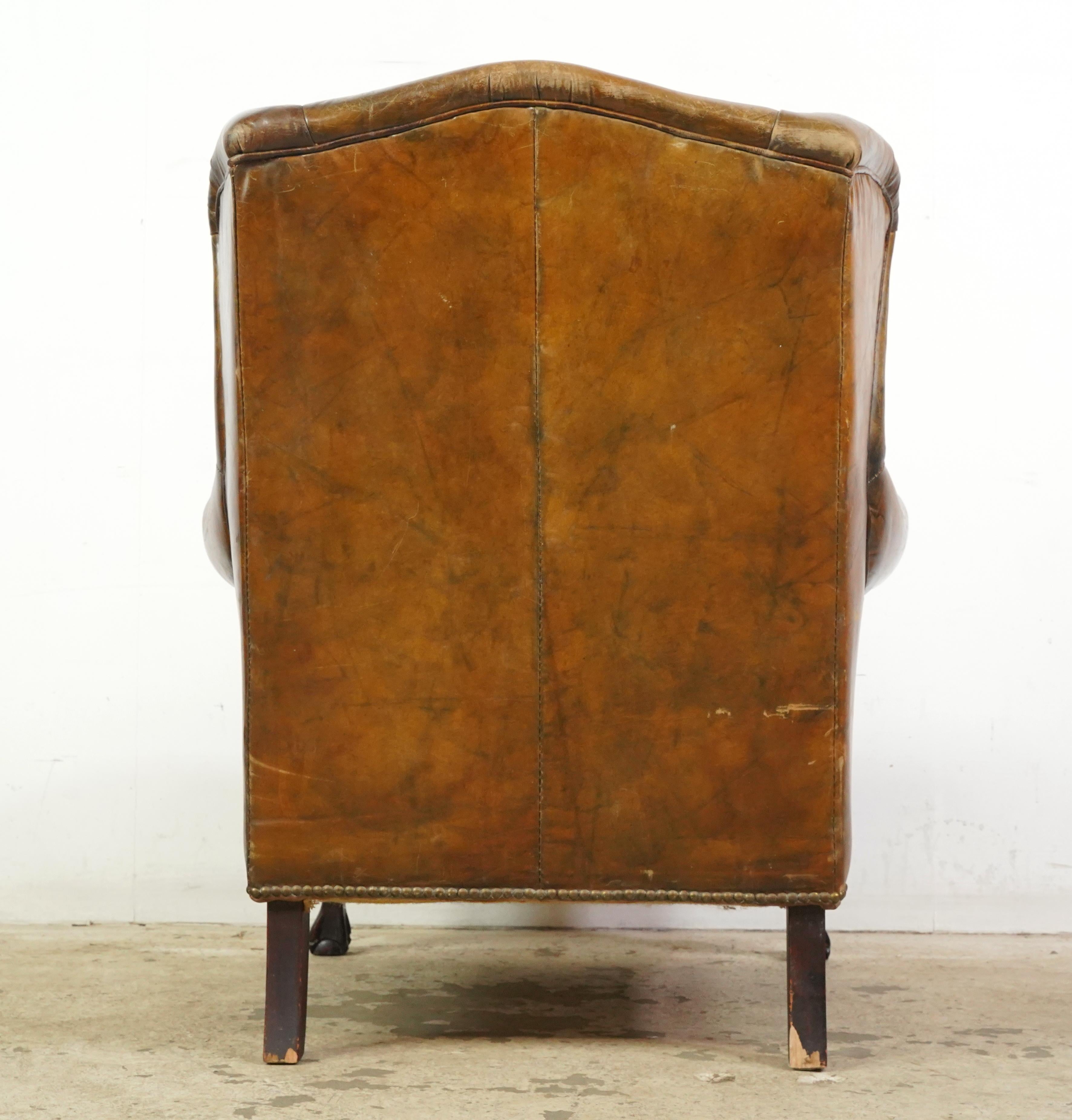 Steel Pair of European Georgian Brown Leather Club Chairs For Sale