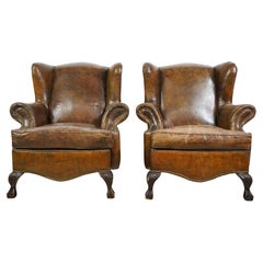 Pair of European Georgian Brown Leather Club Chairs